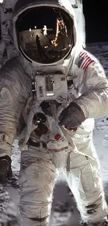 Astronaut in space suit walking on moon's surface during lunar exploration mission.