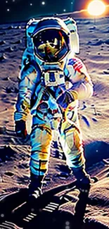 Astronaut on the moon with sunlit horizon, space wallpaper.