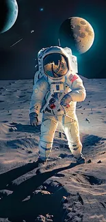 Astronaut walks on a lunar landscape with a cosmic background.