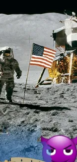 Astronaut on the moon with flag, iconic space exploration wallpaper.