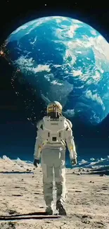 Astronaut on the moon staring at Earth in a stunning mobile wallpaper.