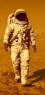 Astronaut walking on Mars' surface with rocky landscape in orange hue.