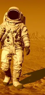 Astronaut standing on the surface of Mars with rocky terrain in the background.