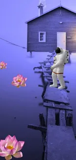 Astronaut on wooden path by misty lake with lotus flowers.