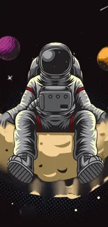 Colorful artwork of an astronaut on the moon with planets.