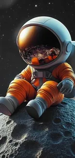 Astronaut in orange suit sitting on moon with starry background.