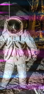 Astronaut in spacesuit on moon with colorful lights.