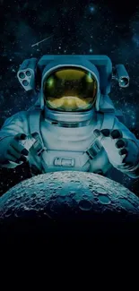 Astronaut with moon and stars mobile wallpaper in dark blue hues.