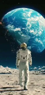 Astronaut standing on the moon with Earth visible from space