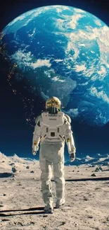 Astronaut stands on the moon gazing at Earth.