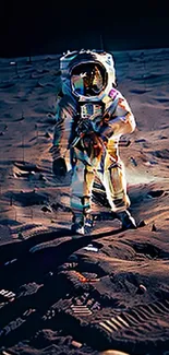 Astronaut walking on the moon with a dark sky.