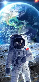 Astronaut on the moon with Earth in background.