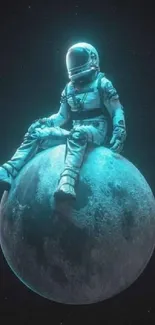 Astronaut sitting on a glowing moon in deep space.