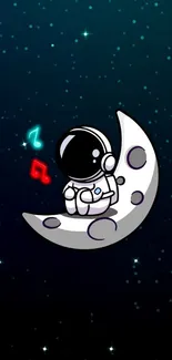 Illustration of an astronaut sitting on a crescent moon with starry background.