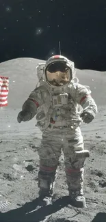 Astronaut on the moon with lunar landscape and flag.