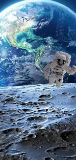 Astronaut on the moon with Earth backdrop in space.