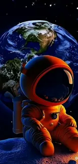 Astronaut on moon with Earth in background.