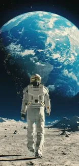 Astronaut on the moon with Earth in the background.