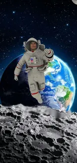 Astronaut exploring the moon with Earth visible in the starry background.