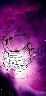 Cute astronaut sketch on a purple galaxy background wallpaper.