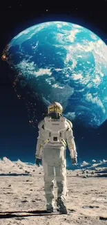 Astronaut gazes at Earth from moon.