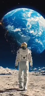 Astronaut on the lunar surface gazing at Earth in space.