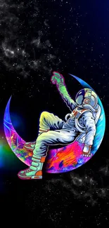 Neon astronaut sitting on a colorful crescent moon against a cosmic background.