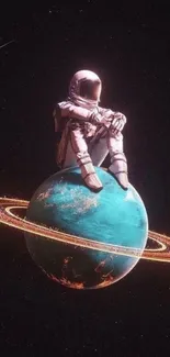 Astronaut sitting on a ringed planet against a starry black backdrop.