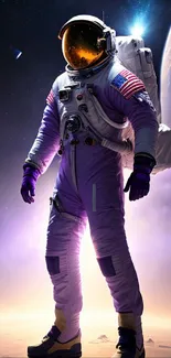 Astronaut standing on a purple-lit planet surface in space.