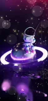 Astronaut fishing on a glowing purple planet in space.