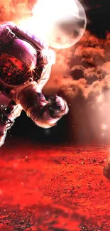 Vibrant wallpaper featuring an astronaut on a red cosmic planet.