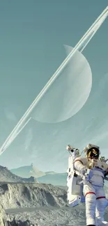 Astronaut on lunar surface with Saturn in the sky.