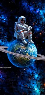 Astronaut sitting on a planet with a blue and cosmic background.