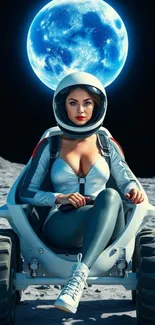 Futuristic art of a female astronaut on the moon with a glowing blue background.