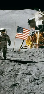 Astronaut on the moon with American flag and lunar lander.