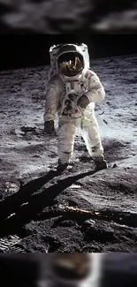 Astronaut in spacesuit walking on the moon's surface with Earth in the background.