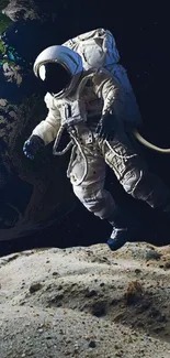 Astronaut walking on the moon with Earth visible in the background.