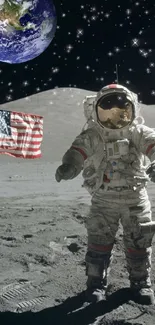 Astronaut stands on the moon with Earth in the background.