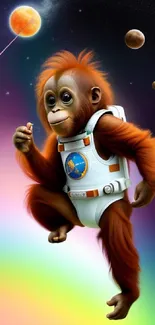 Orangutan astronaut in a colorful space setting with planets.