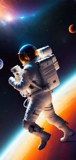 Astronaut floating above a vibrant planet with cosmic background.