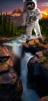 Astronaut floating over a scenic waterfall during sunset.