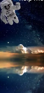 Surreal view of astronaut floating over a starry lake at night.