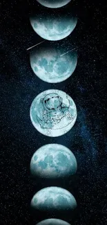 Mobile wallpaper of moon phases with an astronaut in space.