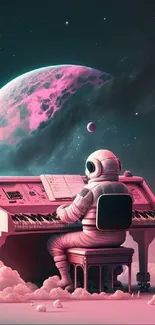 Astronaut playing piano in a colorful galaxy scene with planets and stars.