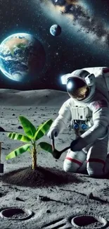 Astronaut planting a sapling on the moon with Earth in the background.