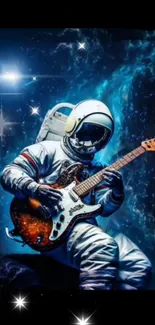 Astronaut playing electric guitar in a cosmic space scene.