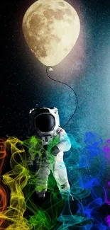 Astronaut holding moon balloon with rainbow smoke.