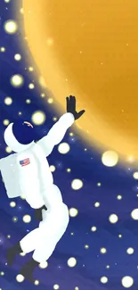 Astronaut reaching for a golden planet in a star-filled cosmic scene.