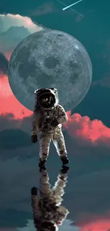 Astronaut stands in front of moon with reflective surface and colorful sky.