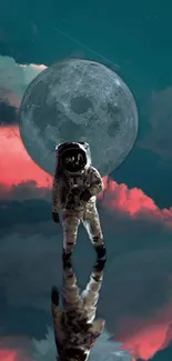 Surreal astronaut reflection under a teal night sky with moon.